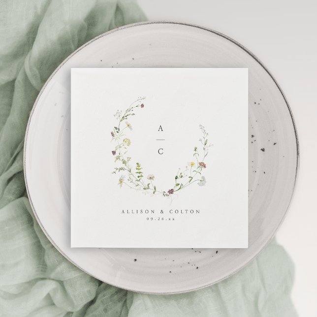 Sage Green Wildflower Rustic Boho Wedding Monogram Napkins (Elegant Wildflower Rustic Boho Wedding Monogram Napkins)