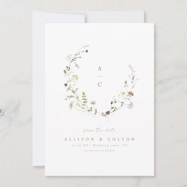 Sage Green Wildflower Rustic Boho Wedding monogram Save The Date (Front)