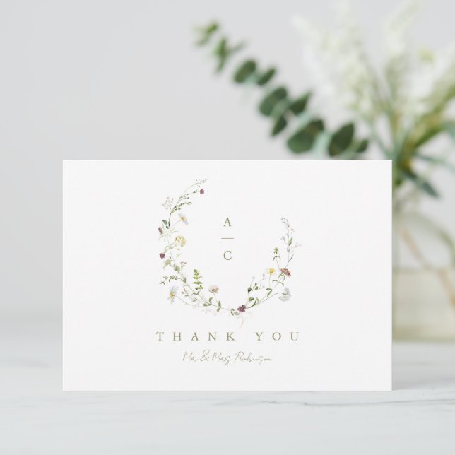 Sage Green Wildflower Rustic Boho Wedding monogram Thank You Card (Standing Front)