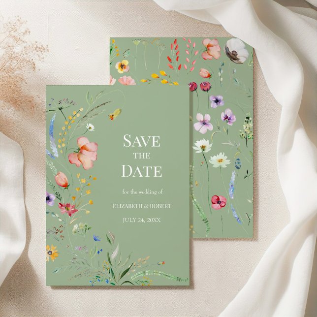 Sage Green Wildflower Save the Date Invitation (Sage Green Boho Wildflower Save the Date Card on a silk tablecloth with botanicals)