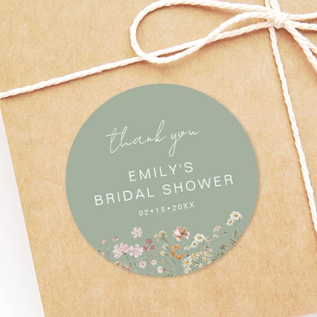 Sage Green Wildflower Thank You Bridal Shower Classic Round Sticker (Creator Uploaded)
