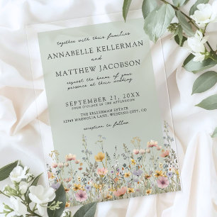 Sage Green Wildflower Watercolor Floral Wedding Acrylic Invitations