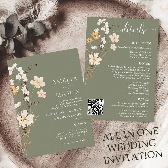 Sage Green Wildflower Wedding Invitation (All in One Sage Green Boho Wildflower Wedding Invitation with QR Code)