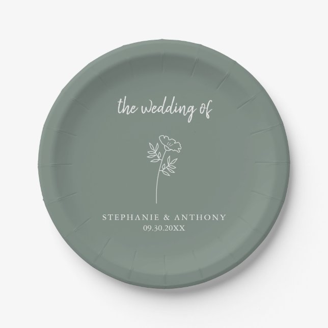 Sage Green Wildflower Wedding  Paper Plates (Front)