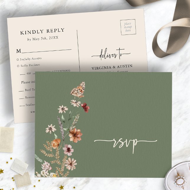 Sage Green Wildflower Wedding RSVP Postcard (Sage Green Wildflower Wedding RSVP Postcard with Butterfly by Painted Paperie
)