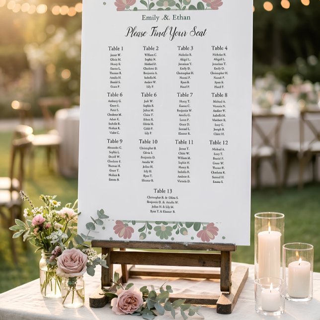 Sage Green Wildflower Wedding Seating Chart Foam Board (Elegant Sage Green Wildflower Wedding Seating Chart Display)