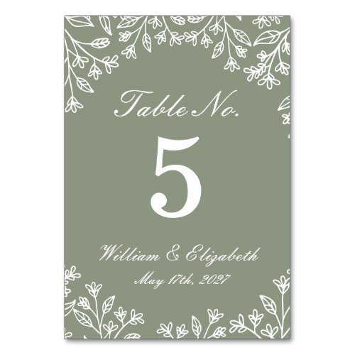 Sage Green Wildflower Wedding Table Number