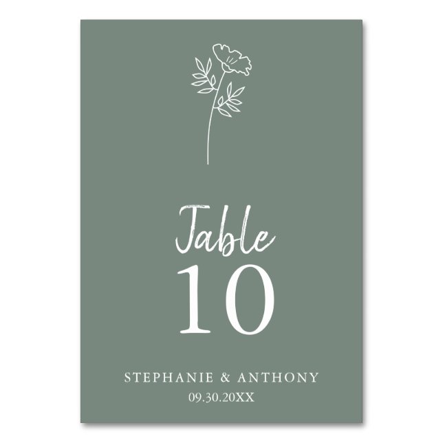 Sage Green Wildflower Wedding   Table Number (Front)