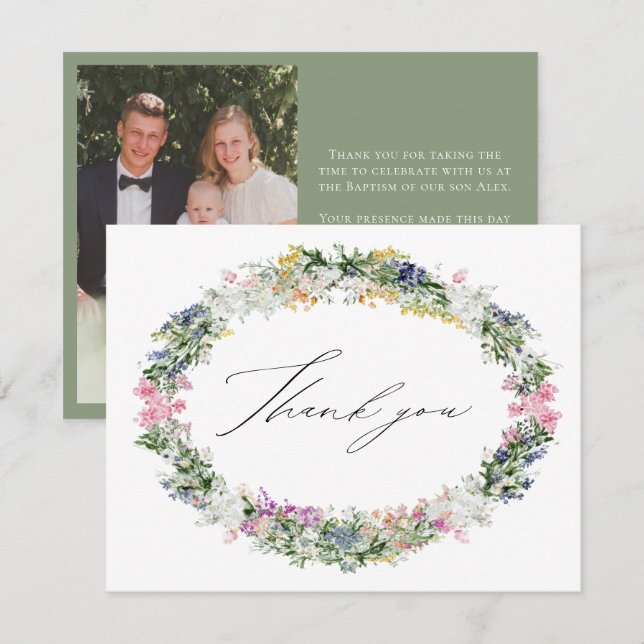 Sage Green Wildflower Wreath Baptism Photo Thank You Card (Front/Back)