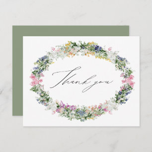 Sage Green Wildflower Wreath Wedding Bridal Shower Thank You Card
