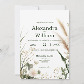 Sage Green Wildflowers and Pampas Boho Photo Invitation