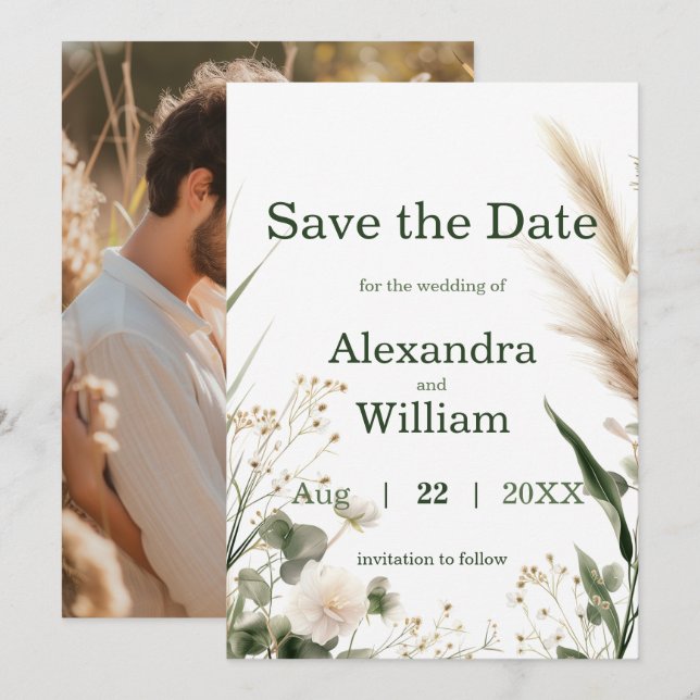 Sage Green Wildflowers and Pampas Save The Date (Front/Back)