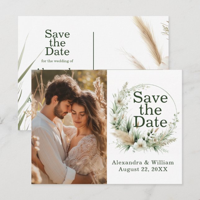 Sage Green Wildflowers and Pampas Save The Date Invitation Postcard (Front/Back)