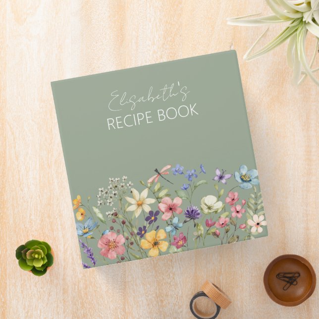  Sage Green  Wildflowers Bridal Shower Recipe Book 3 Ring Binder (In Situ)