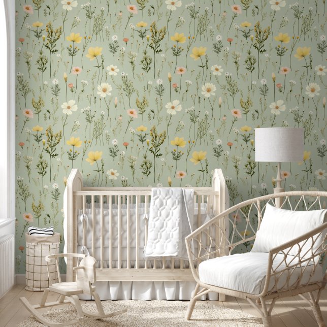 Sage Green Wildflowers Daisies Floral Botanical Wallpaper (Kids)