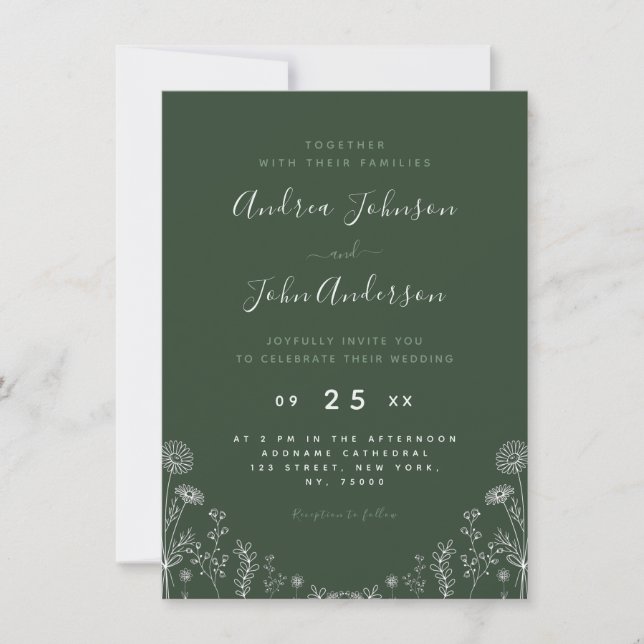 Sage Green | Wildflowers Drawn Botanical Leaf Fall Invitation (Front)