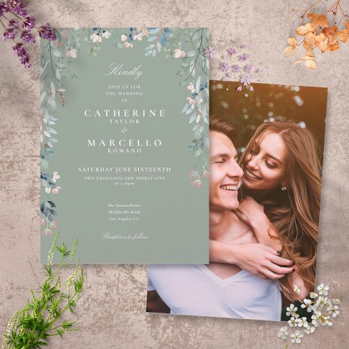 Sage Green Wildflowers Floral Photo Wedding Invitation