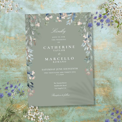 Sage Green Wildflowers Watercolor Floral Wedding Invitation