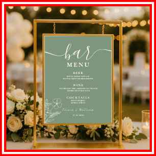 Sage Green Wildflowers Wedding Bar Menu  Poster