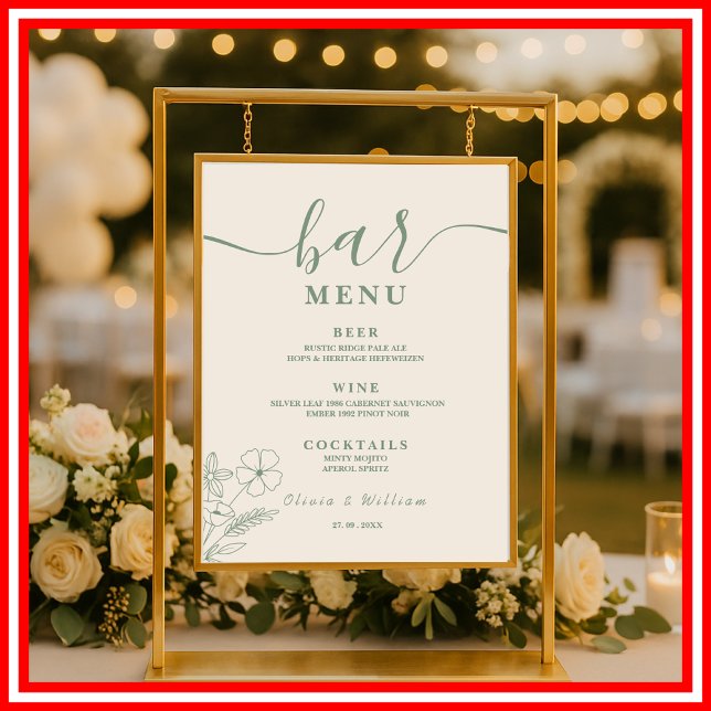 Sage Green Wildflowers Wedding Bar Menu  Poster (Creator Uploaded)