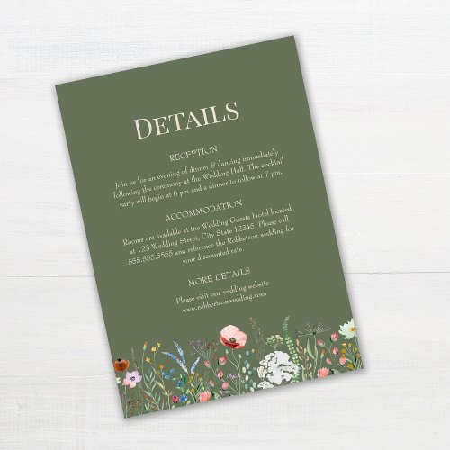 Sage Green Wildflowers Wedding Details Card