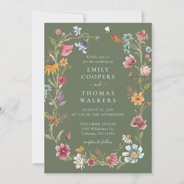 Sage Green Wildflowers Wedding Invitation (Front)