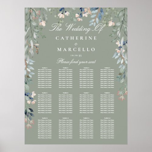 Sage Green Wildflowers Wedding Seating Plan Chart