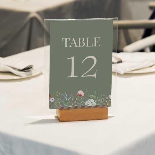 Sage Green Wildflowers Wedding Table Number Card