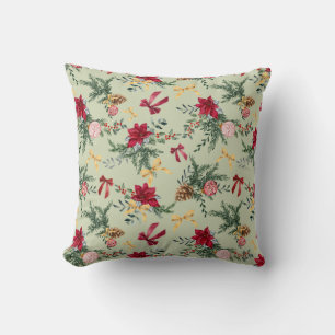 Sage Green Winter Botanical Greenery Bow Pattern Throw Pillow