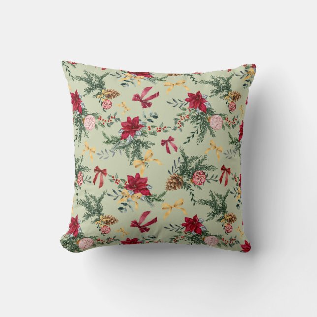 Sage Green Winter Botanical Greenery Bow Pattern Throw Pillow (Front)
