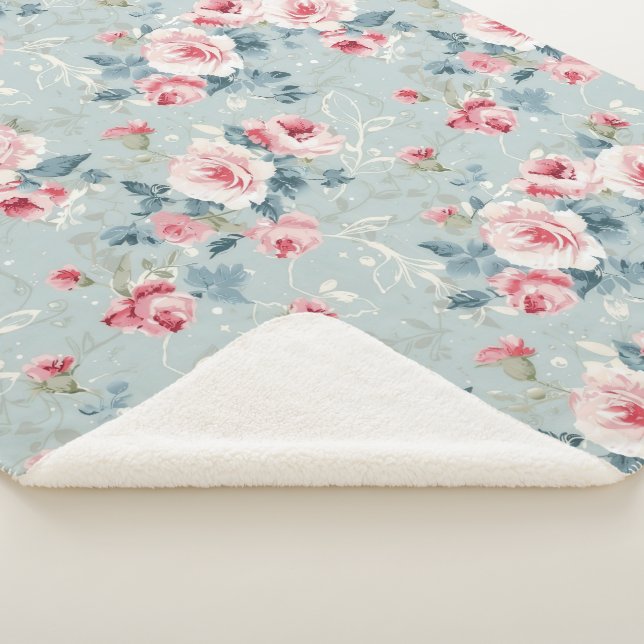 Sage Green Winter Floral Pattern Sherpa Blanket (3/4)