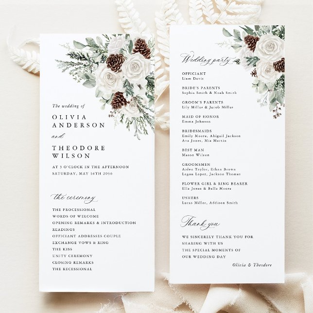 Sage Green Winter Floral Pine Wedding Ceremony Program (Sage Green Winter Floral Wedding Program Card, White Rose Pinecone Ceremony Program Woodland Wedding)