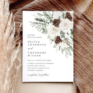 Sage Green Winter Floral Pine Wedding Invitation