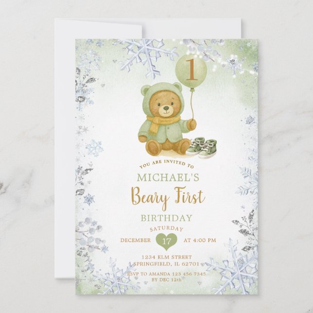 Sage Green Winter Snowflake Beary First Birthday  Invitation (Front)