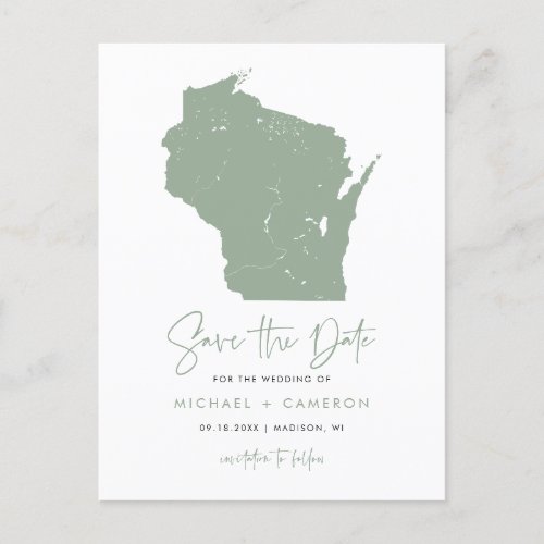 Sage Green Wisconsin Map Modern Save the Date Announcement Postcard