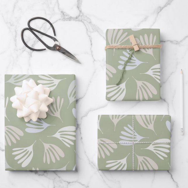 Sage Green Wisp Leaves Modern Abstract Pattern Wrapping Paper Sheets (Front)