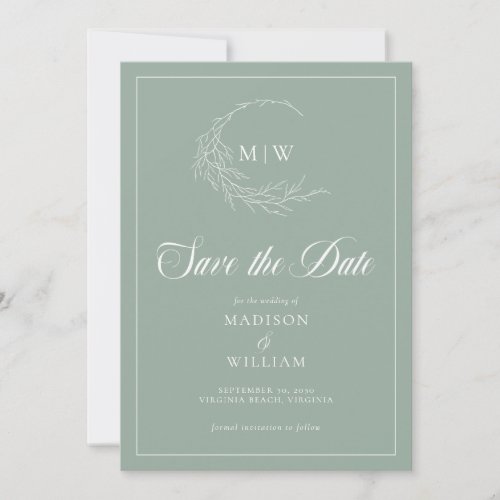 Sage Green Wispy Crest Monogram Save the Date 