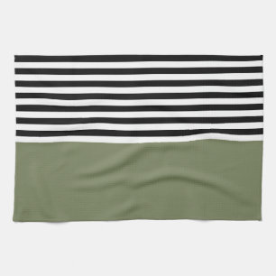 Sage Green With Black and White Stripes Kitchen Towel