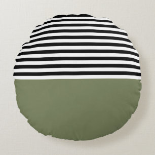 Sage Green With Black and White Stripes Round Pillow