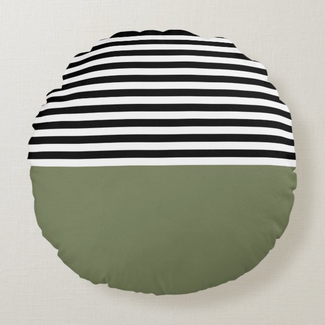 Sage Green With Black and White Stripes Round Pillow (Front)