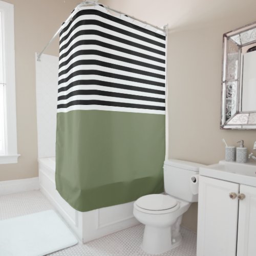 Sage Green With Black and White Stripes Shower Curtain