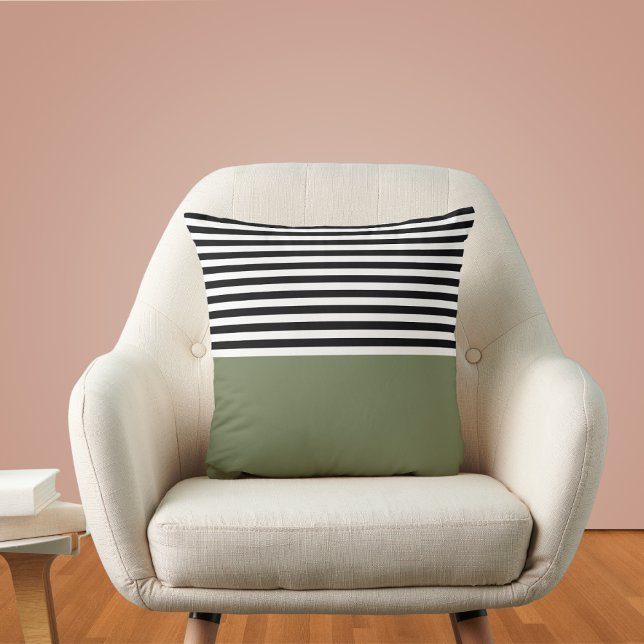 Sage Green With Black and White Stripes Throw Pillow (Creator Uploaded)