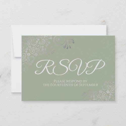 Sage Green with Elegant Silver Lace Wedding RSVP Card
