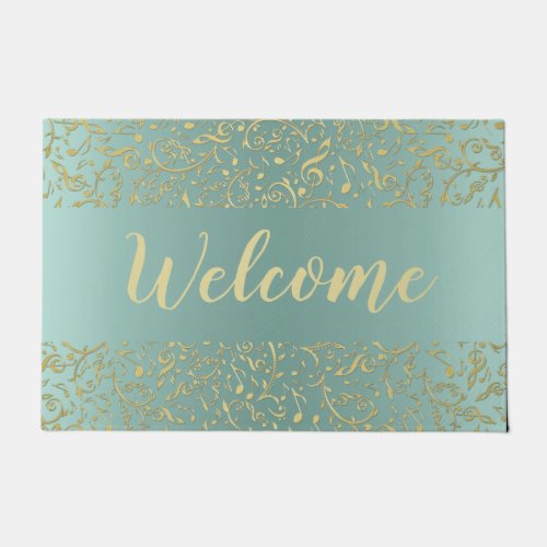 Sage Green With Gold Music Notes Welcome Mat