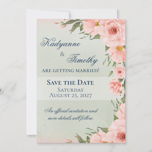 Sage Green with Peach Roses Save The Date (Front)