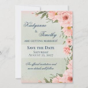 Sage Green with Peach Roses Save The Date