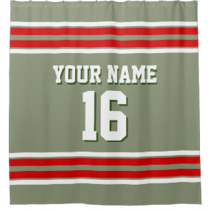 Sage Green with Red White Stripes Sports Jersey Shower Curtain