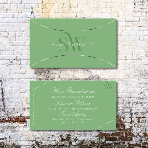 Sage Green with Silver Decor and Monogram Stylish Business Card
