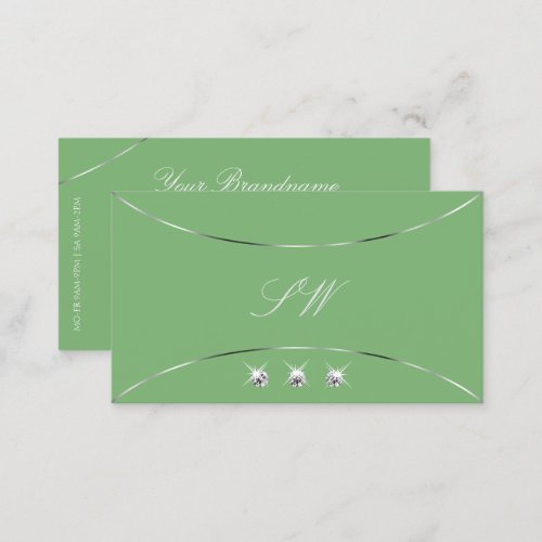 Sage Green with Silver Decor Diamonds and Monogram Business Card