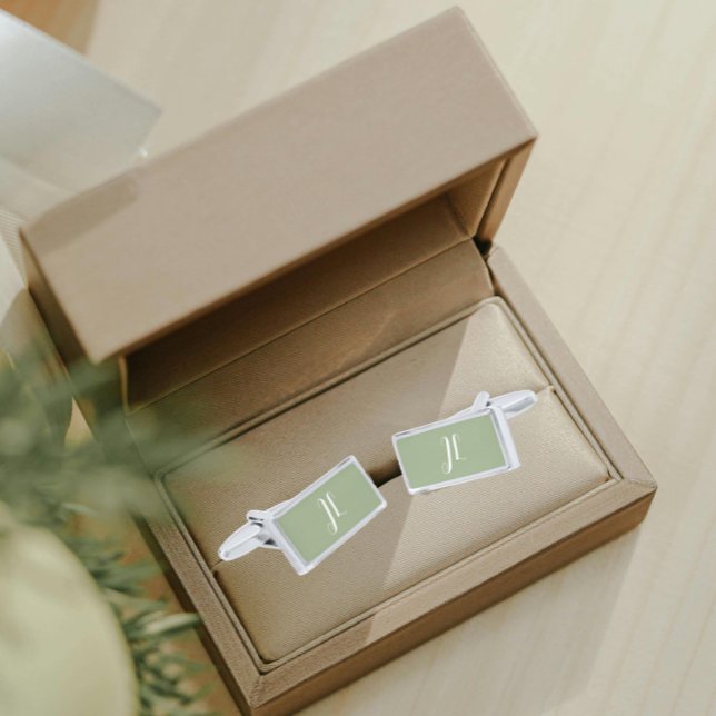 Sage Green with White Stylized Initials Cufflinks (In Situ Silver)